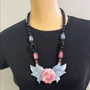 Floral Beaded Necklace with Pink and Blue Accents